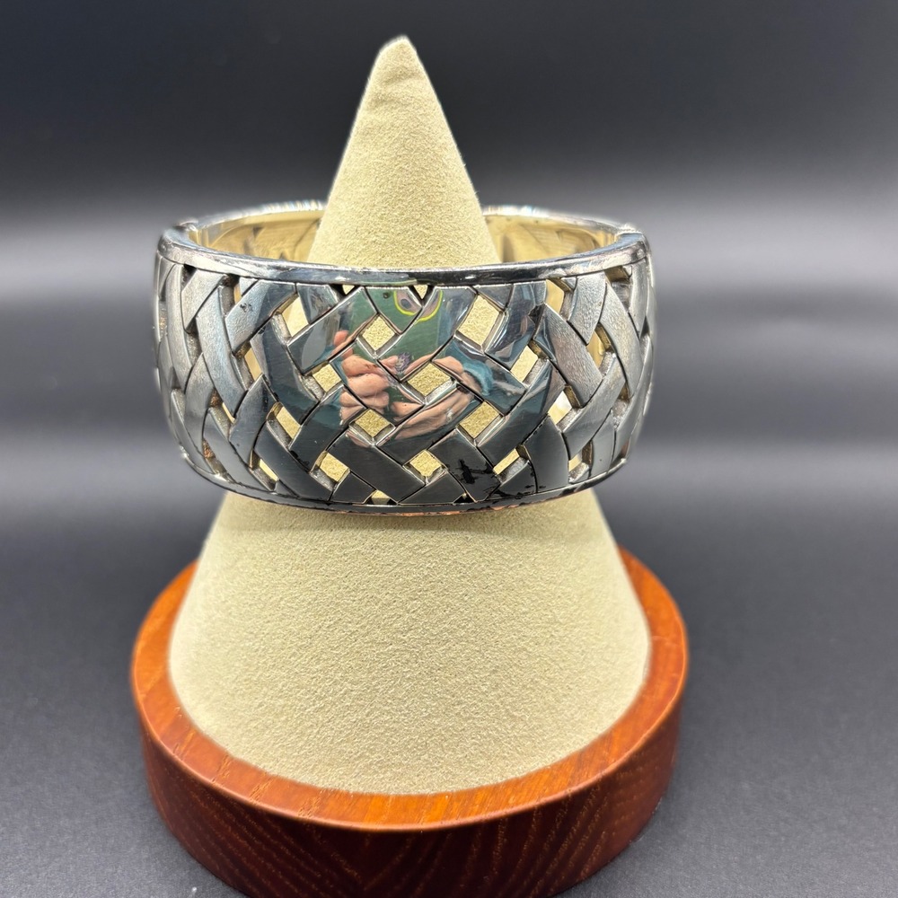 Silver Tone Wide Lattice Basketweave Openwork Statement Cuff‎ Bracelet Women's